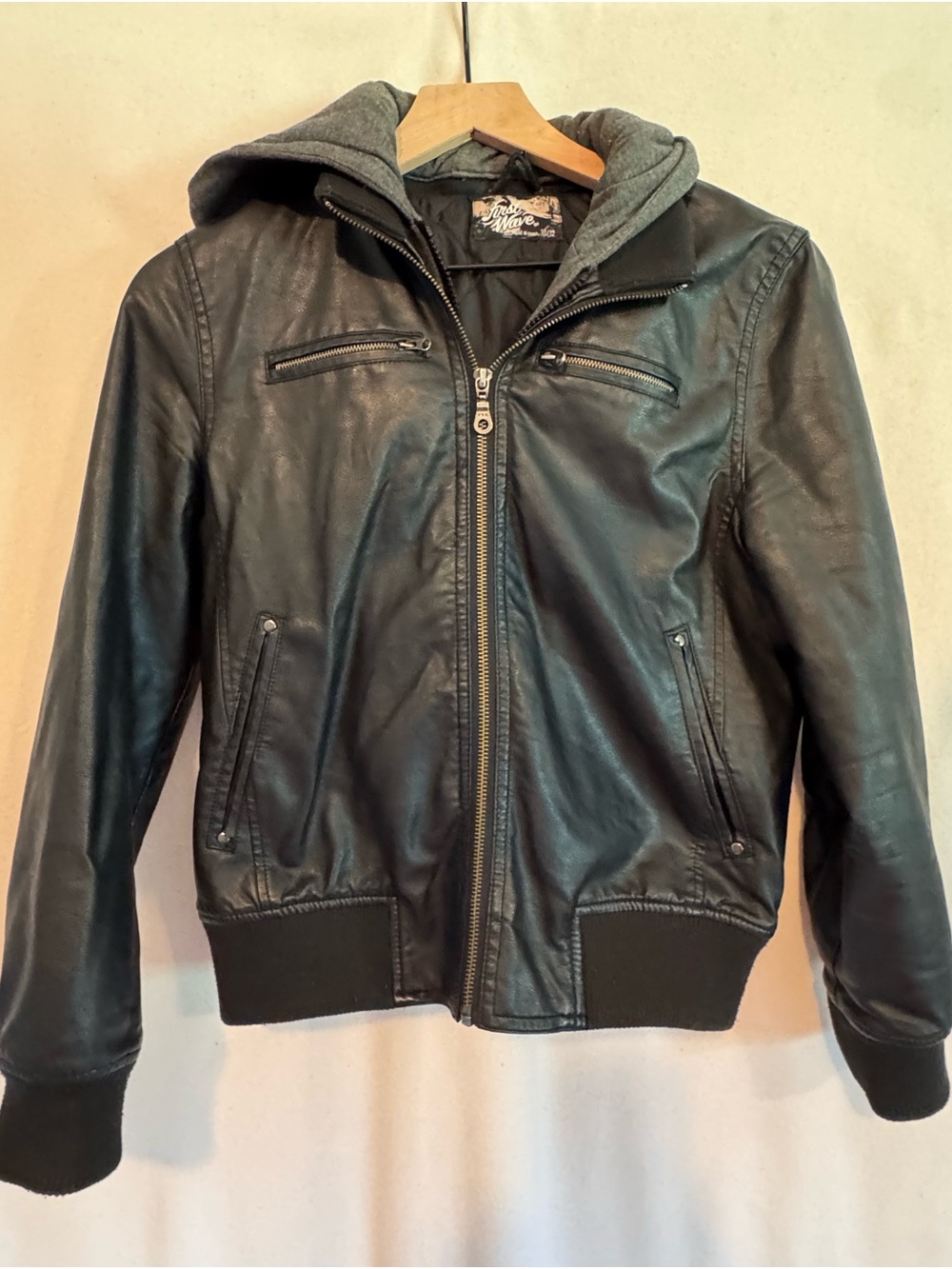 First Wave Black Faux Leather Bomber Jacket with Gray Hood